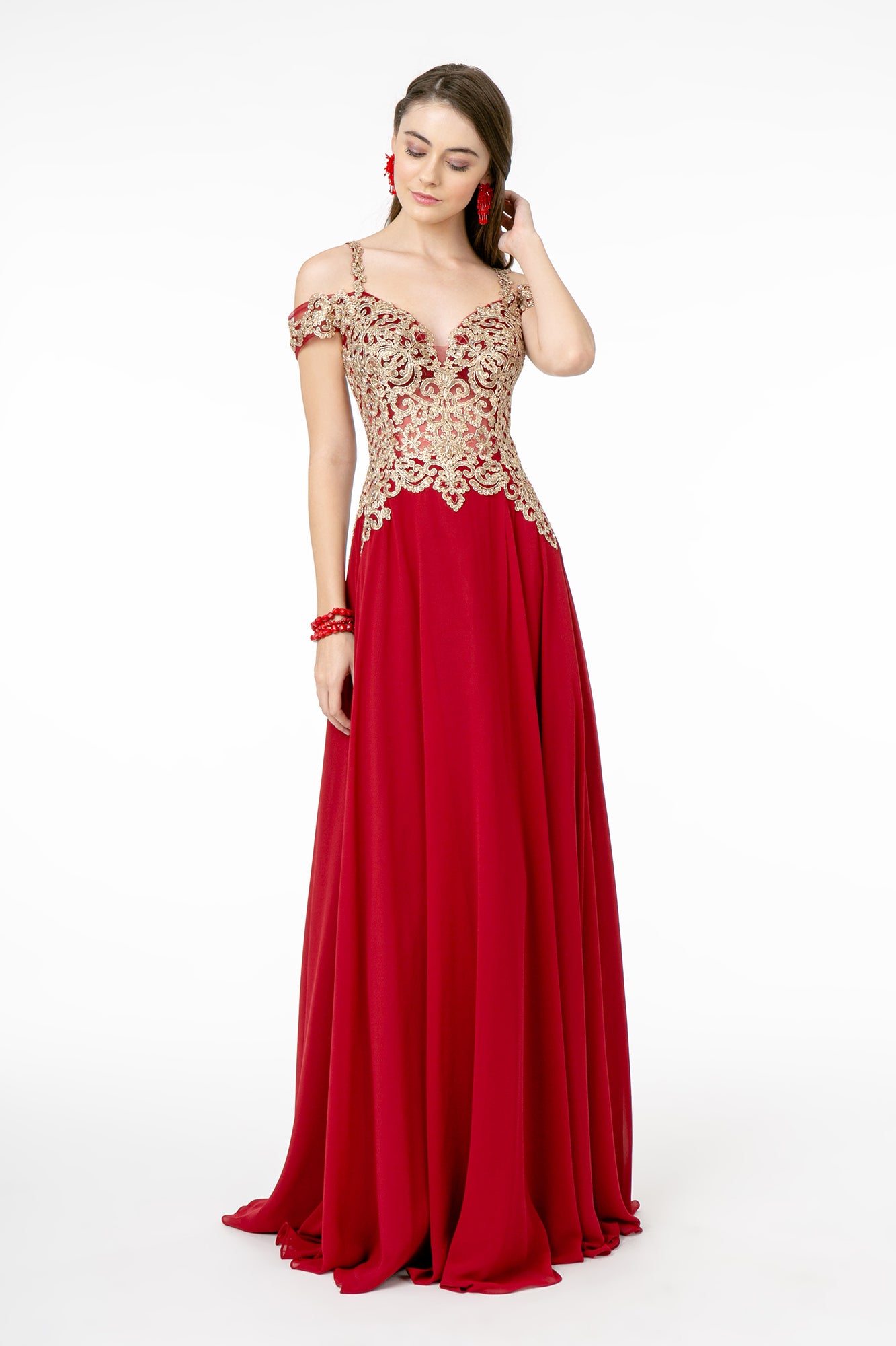 Cut-Away Shoulder Embroidered Bodice Chiffon A-Line Dress