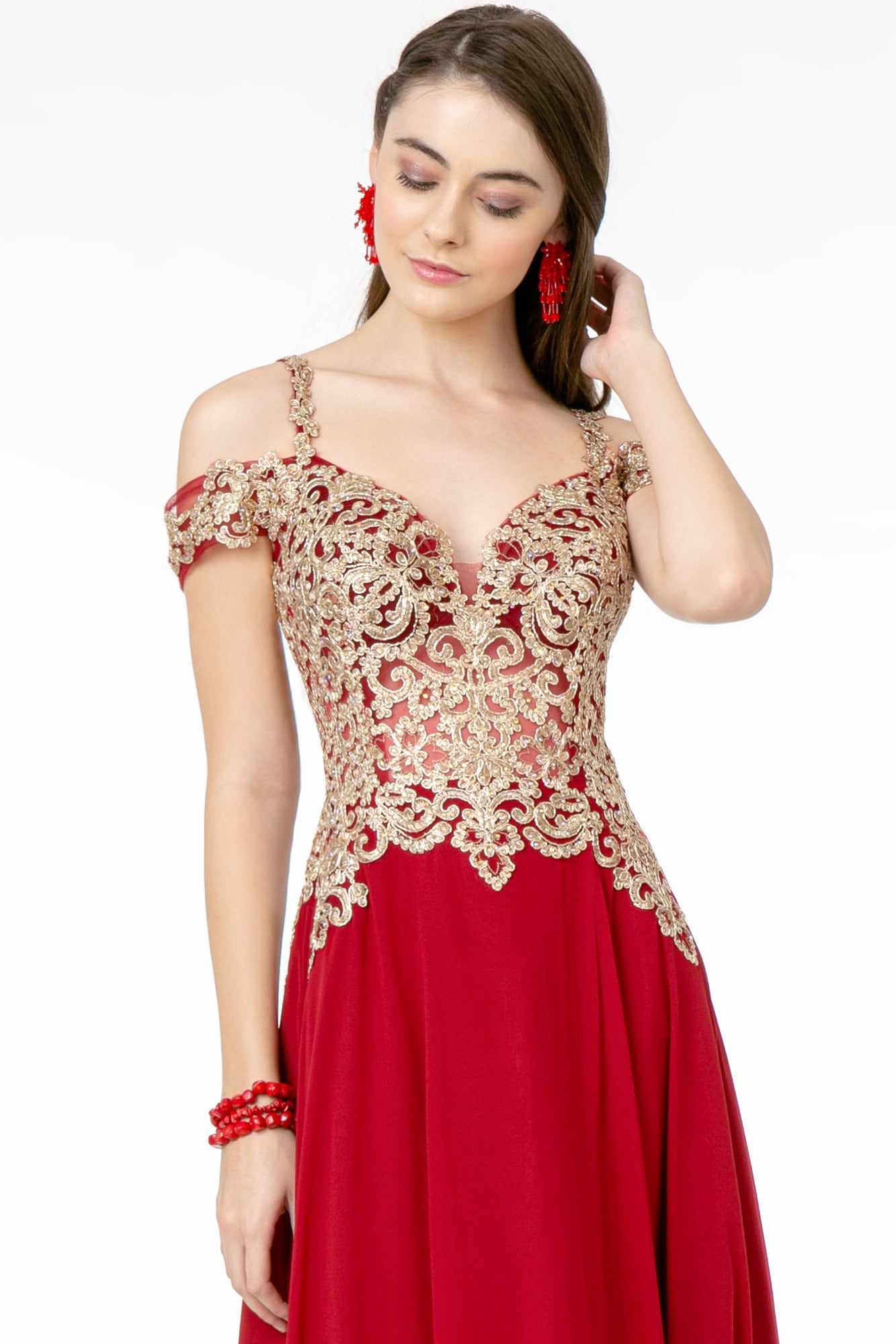 Cut-Away Shoulder Embroidered Bodice Chiffon A-Line Dress