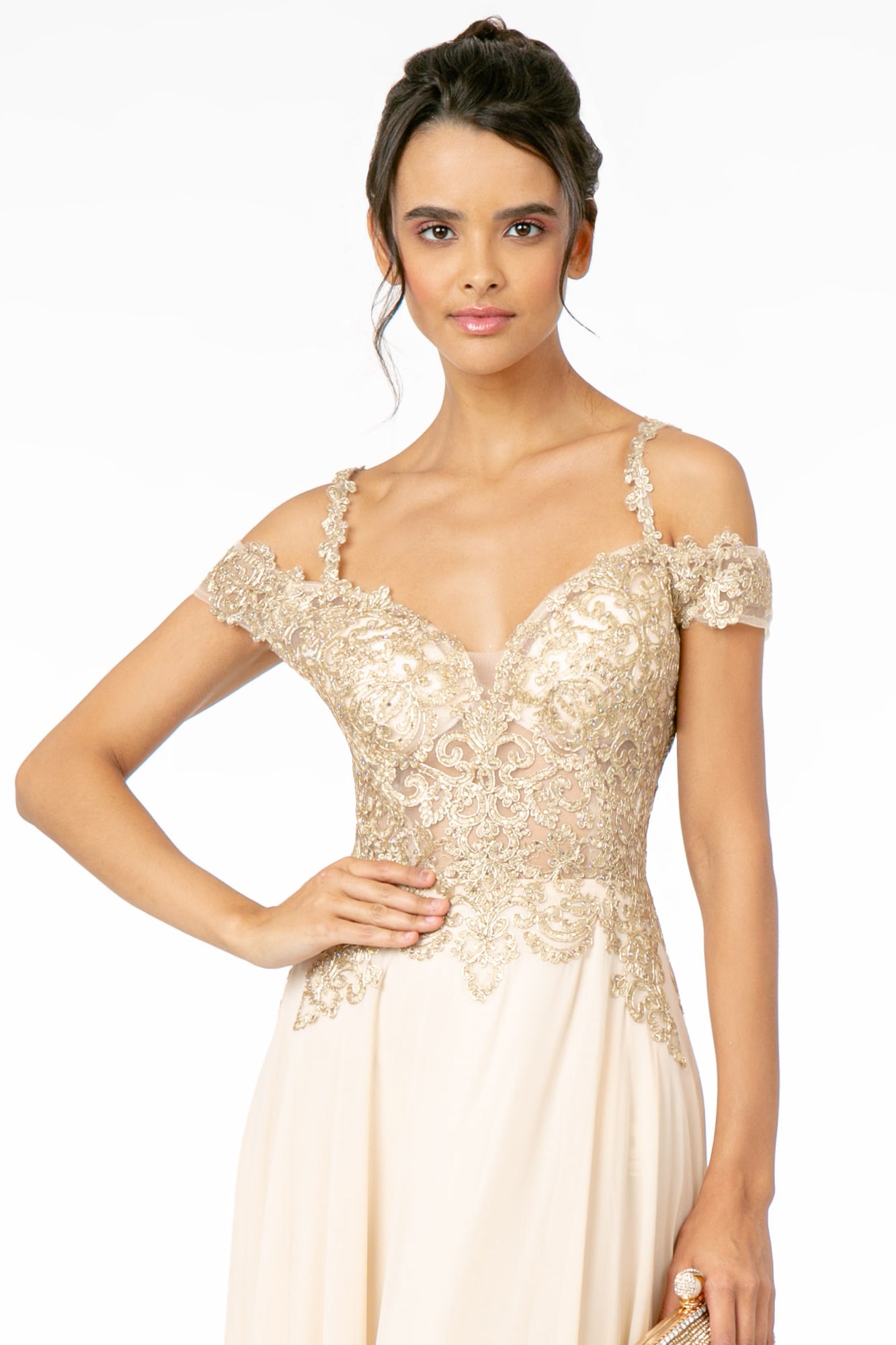 Cut-Away Shoulder Embroidered Bodice Chiffon A-Line Dress