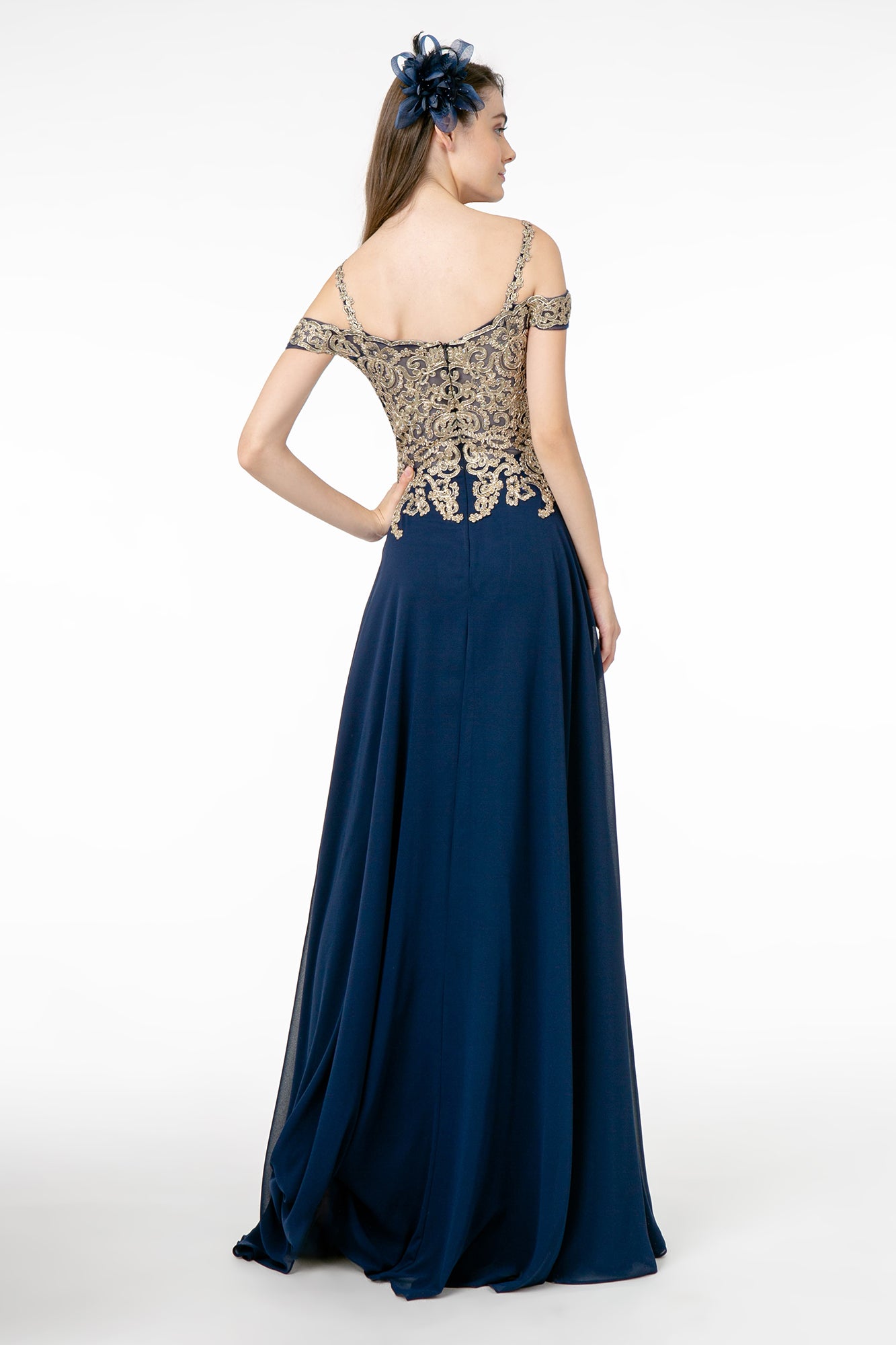 Cut-Away Shoulder Embroidered Bodice Chiffon A-Line Dress