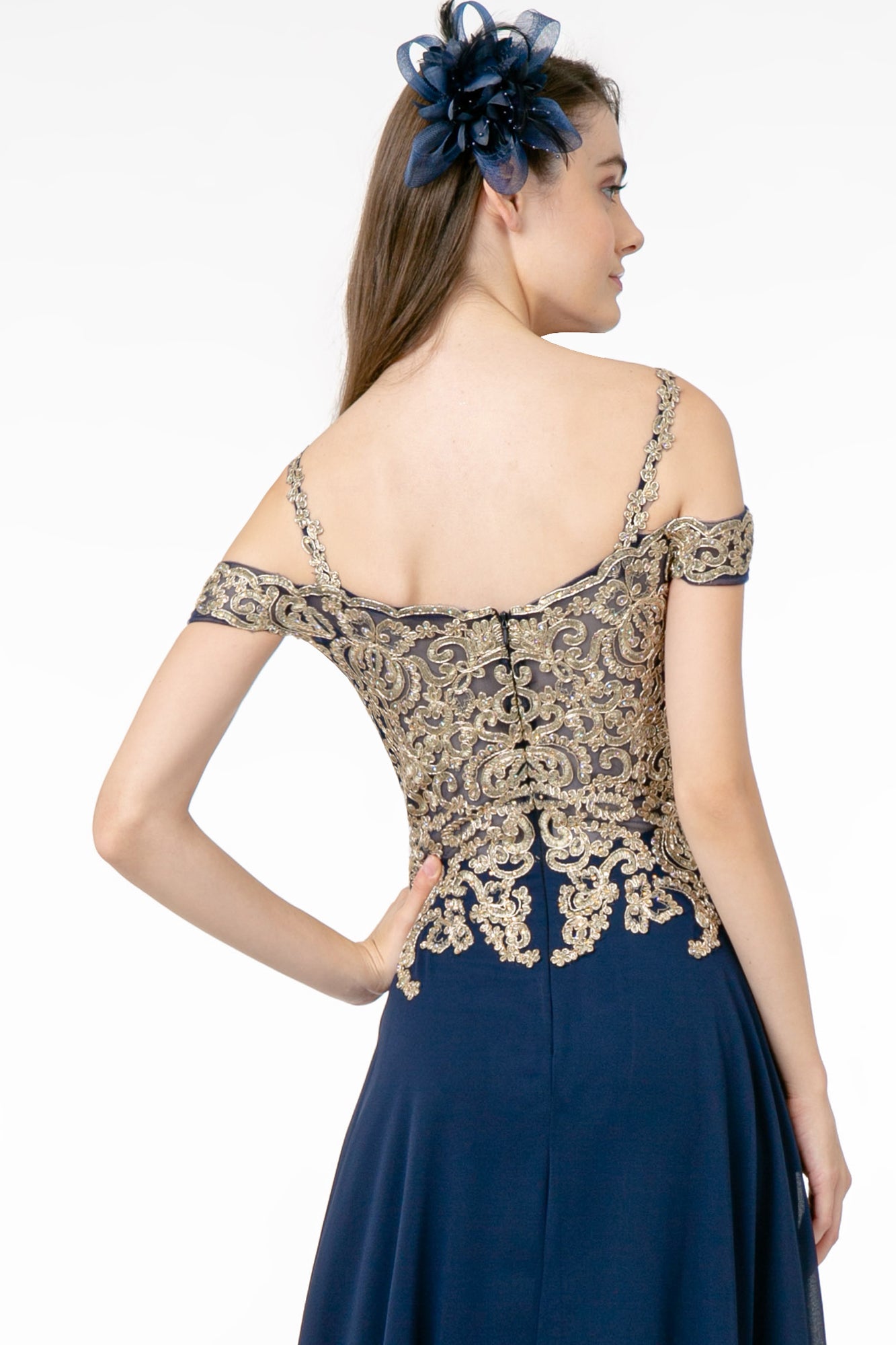 Cut-Away Shoulder Embroidered Bodice Chiffon A-Line Dress