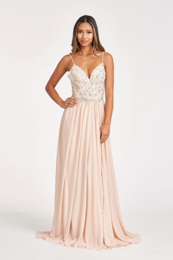 Detachable Mesh Sleeve V-Neck Chiffon Prom Dress