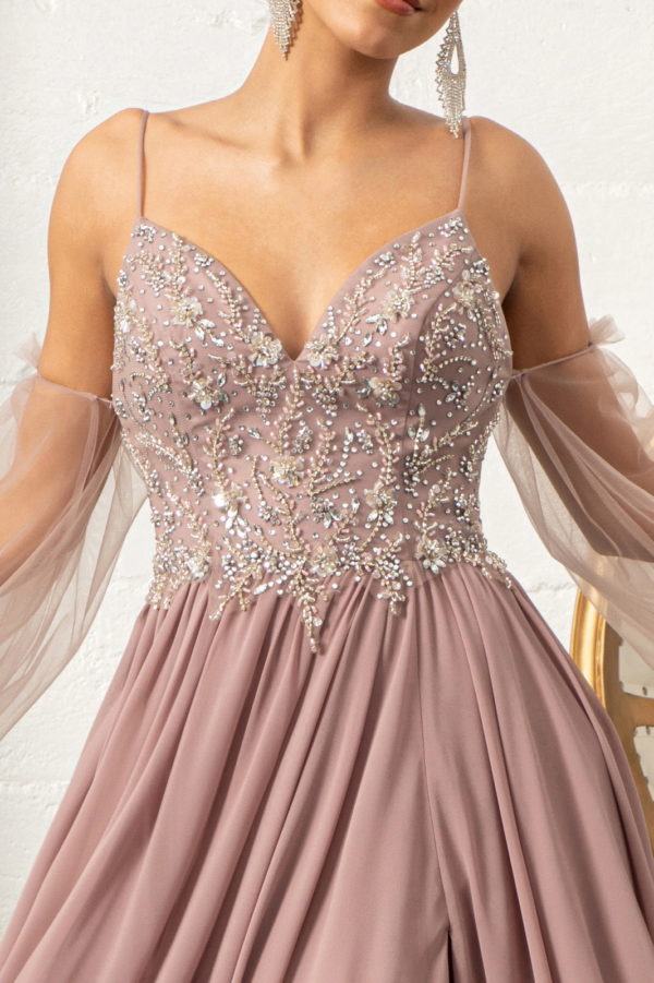 Detachable Mesh Sleeve V-Neck Chiffon Prom Dress