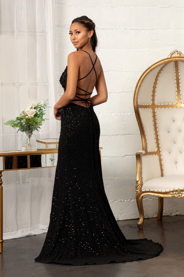 Sheer Bodice Sleeveless V-Neck Sequin Prom Dress w/ Leg Slit