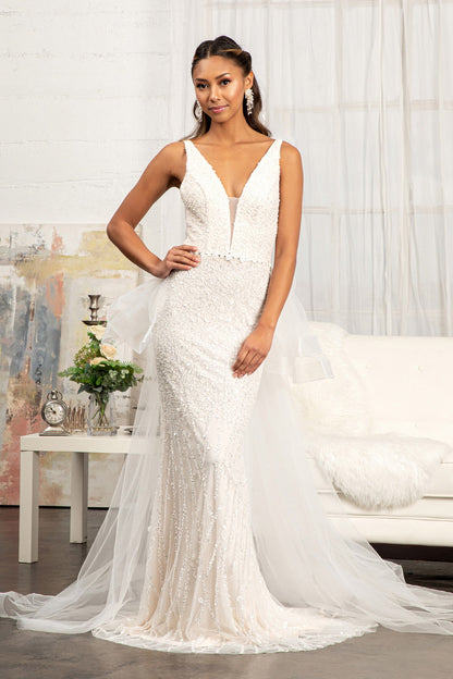 3-D Flower Applique Mermaid Mesh Wedding Gown w/ Detached Mesh Layer