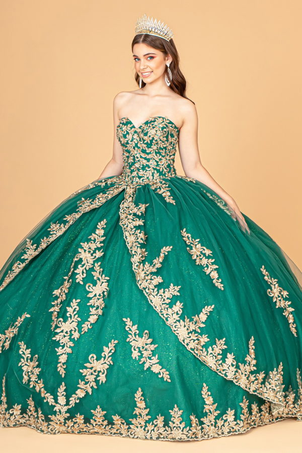 Jewel Embellished Tull Quinceanera Ball Gown w/ Embroidered Mesh Cape