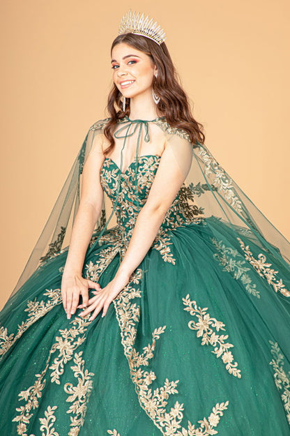 Jewel Embellished Tull Quinceanera Ball Gown w/ Embroidered Mesh Cape