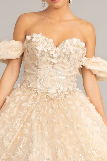 Jewel Embellished Mesh Quinceanera Ball Gown w/ 3-D Applique and Corset