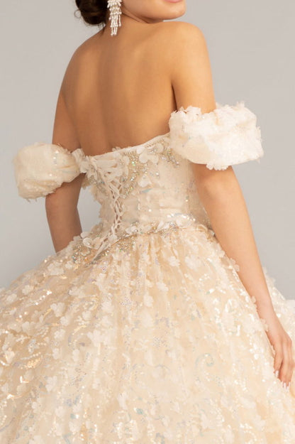 Jewel Embellished Mesh Quinceanera Ball Gown w/ 3-D Applique and Corset