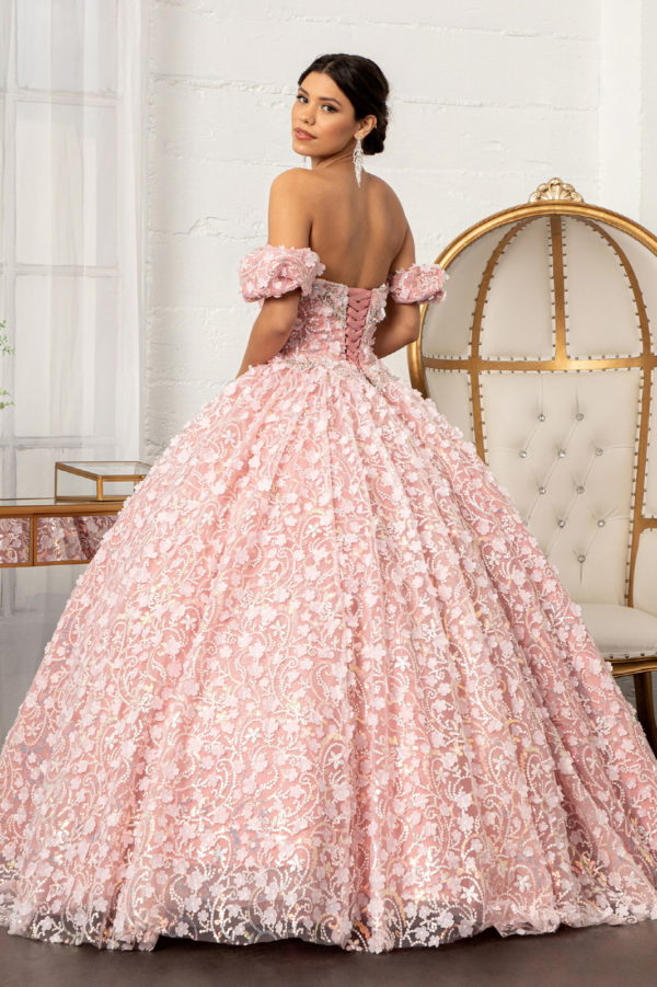 Jewel Embellished Mesh Quinceanera Ball Gown w/ 3-D Applique and Corset