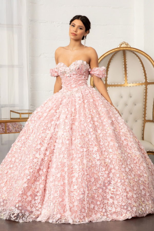 Jewel Embellished Mesh Quinceanera Ball Gown w/ 3-D Applique and Corset