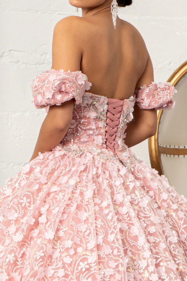 Jewel Embellished Mesh Quinceanera Ball Gown w/ 3-D Applique and Corset