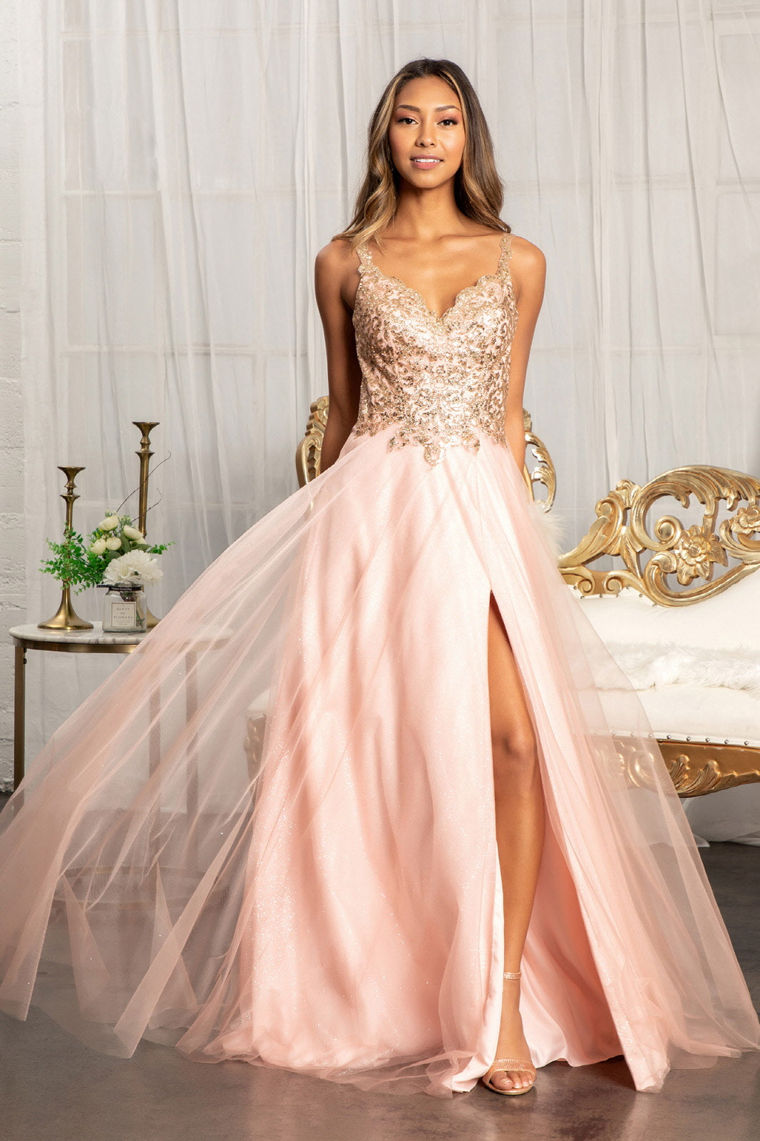 Sequin Embellished Bodice V-Neck A-Line Prom Dress w/ Leg Slit