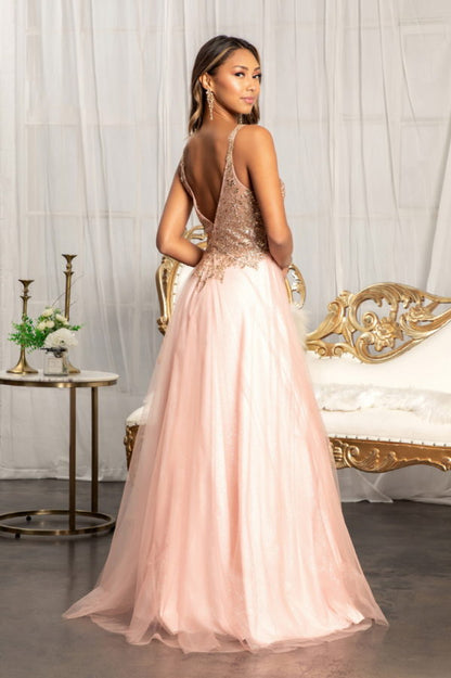 Sequin Embellished Bodice V-Neck A-Line Prom Dress w/ Leg Slit