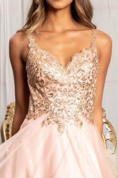 Sequin Embellished Bodice V-Neck A-Line Prom Dress w/ Leg Slit