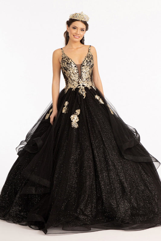 Glitter Embellished Mesh Quinceanera Gown w/ Sequin and Sheer Bodice (Petticoat Included)