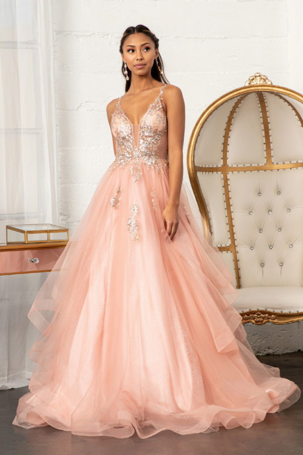 Glitter Embellished Mesh Quinceanera Gown w/ Sequin and Sheer Bodice (Petticoat Included)