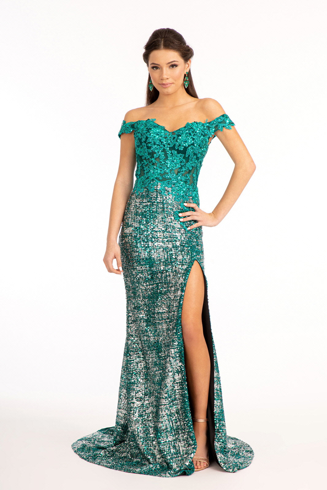 Sheer Bodice Cut-Away Shoulder Lace-Up Back Sequin Prom Dress w/ Leg Slit