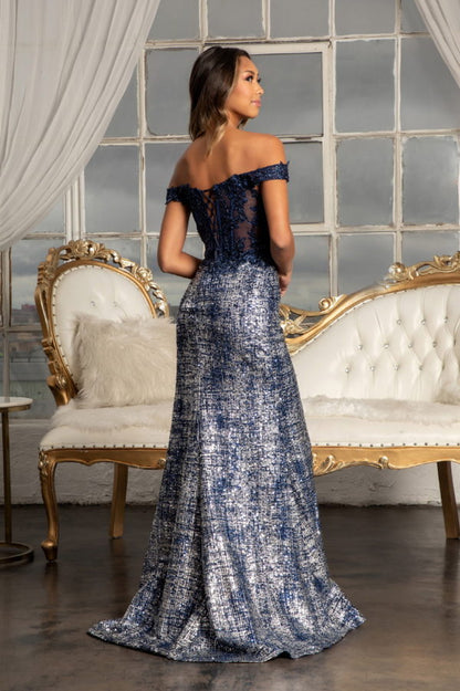 Sheer Bodice Cut-Away Shoulder Lace-Up Back Sequin Prom Dress w/ Leg Slit