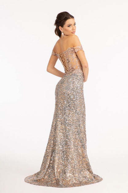 Sheer Bodice Cut-Away Shoulder Lace-Up Back Sequin Prom Dress w/ Leg Slit