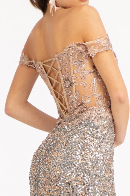 Sheer Bodice Cut-Away Shoulder Lace-Up Back Sequin Prom Dress w/ Leg Slit