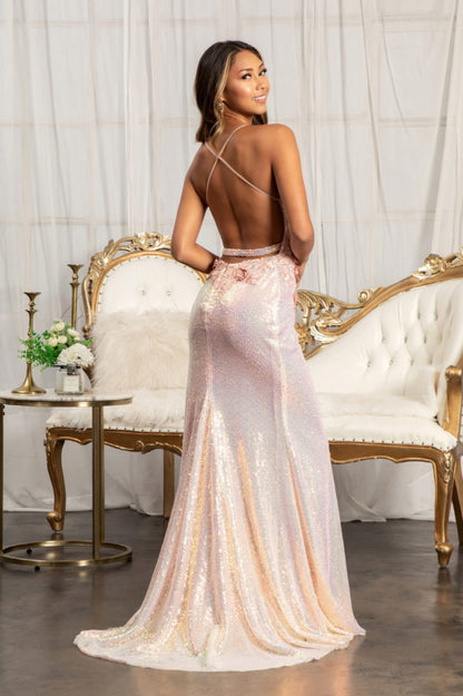 Full Iridescent Sequin Sweetheart Neckline Prom Dress w/ Leg Slit