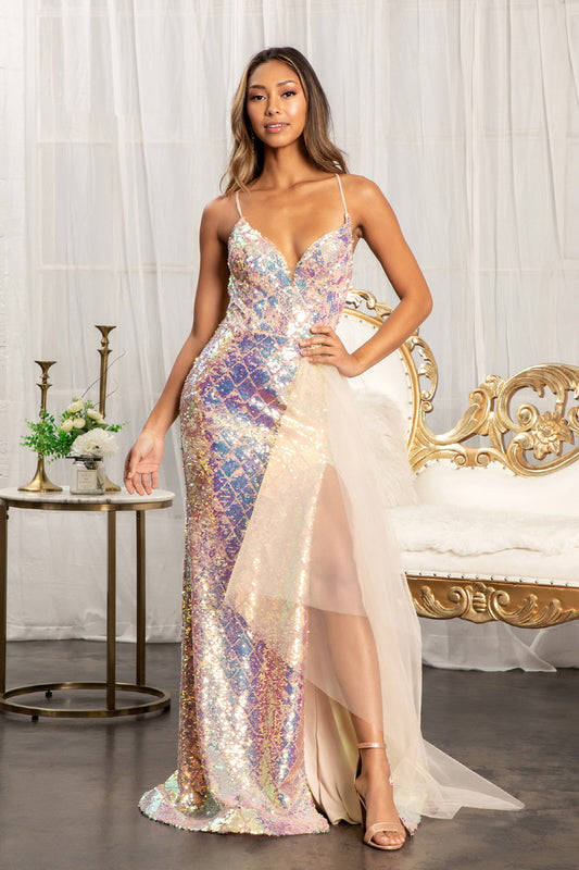 Full Iridescent Sequin Cut-Out Back Prom Dress w/ Detachable Mesh Layer