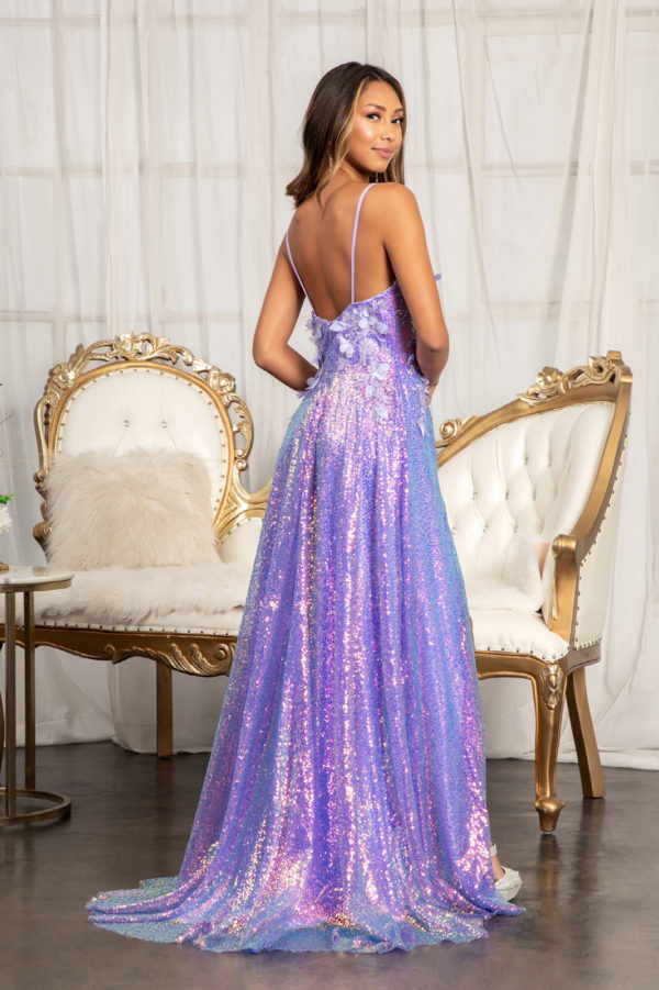 Full Iridescent Sequin V-Neck A-Line Prom Dress /w Leg Slit