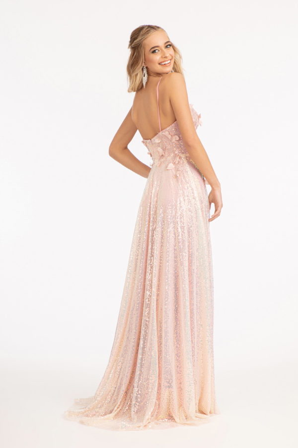 Full Iridescent Sequin V-Neck A-Line Prom Dress /w Leg Slit