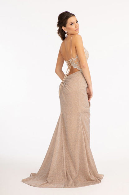 Sequin Embroidered Glitter Crepe Mermaid Dress w/ Cut-out Back and Slit