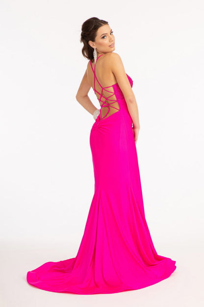 Beads Embellished Jersey Mermaid Dress w/ Strap Lace-up Back