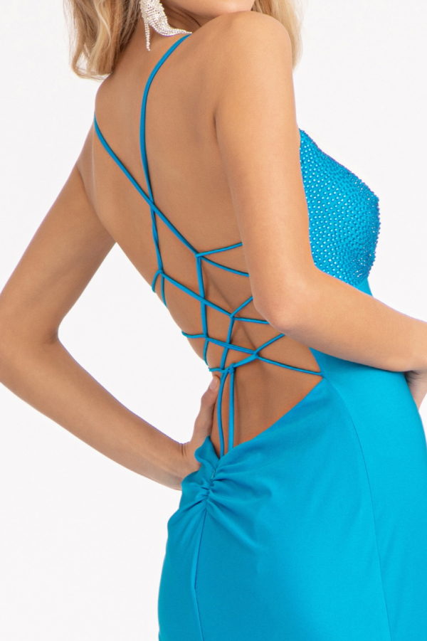 Beads Embellished Jersey Mermaid Dress w/ Strap Lace-up Back