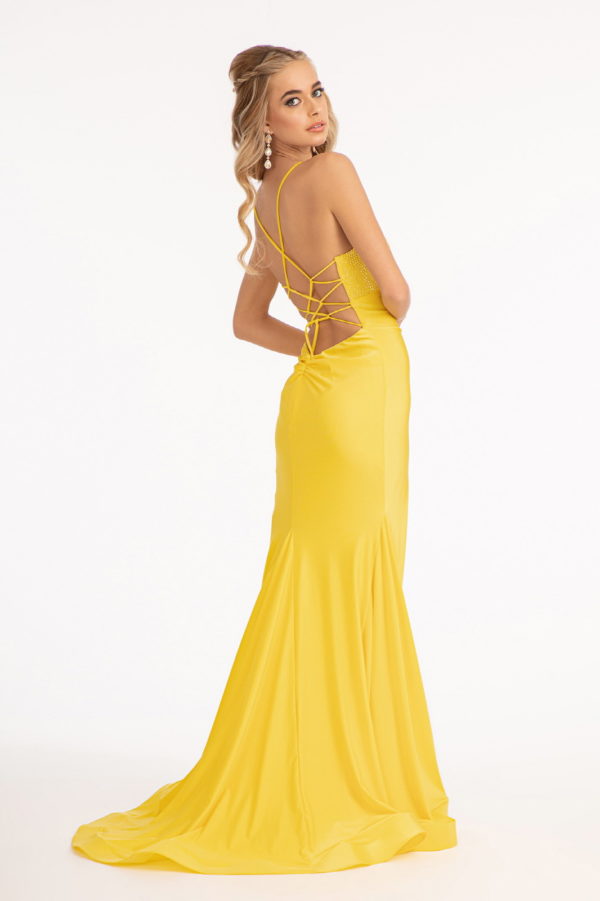 Beads Embellished Jersey Mermaid Dress w/ Strap Lace-up Back