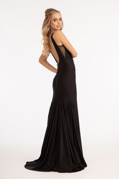 Beads Embellished Jersey Mermaid Dress w/ Open Back and Sheer Sides