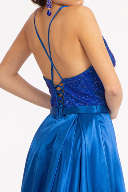 Full Rhinestone Bodice Lace-Up Back Satin Prom Dress w/ Waistband