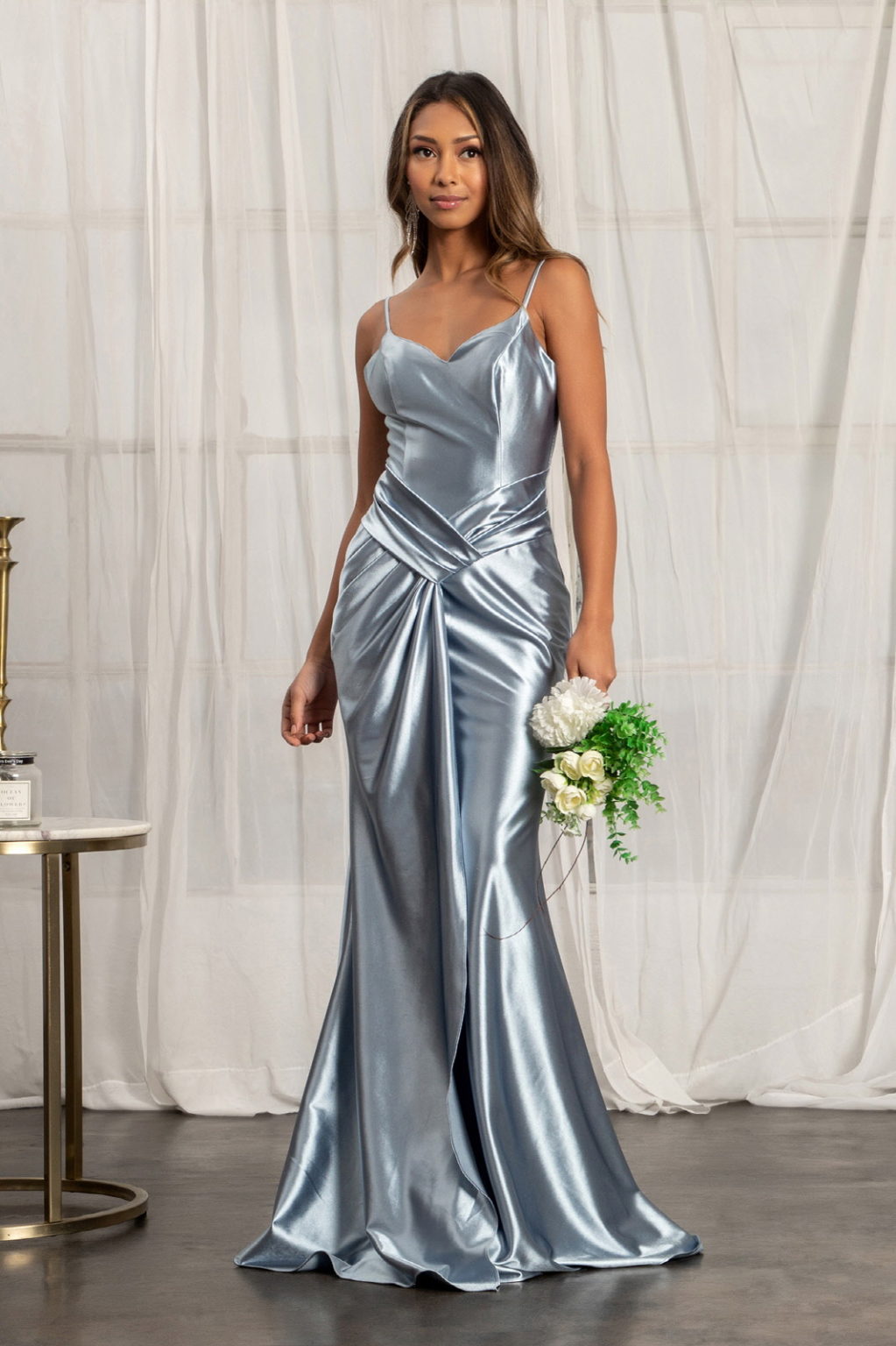 Sweetheart Satin Mermaid Dress w/ Open Back and Side Gathered Waistline