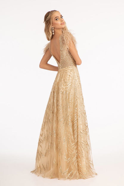 Feather-Shoulder Embellished A-line Dress w/ Open V-back