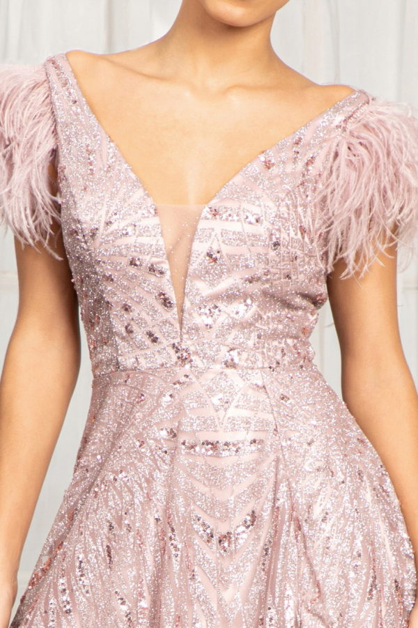 Feather-Shoulder Embellished A-line Dress w/ Open V-back