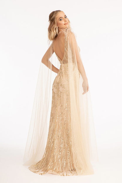 Feather-Shoulder Embellished Glitter Mermaid Dress w/ Mesh Layer Drape