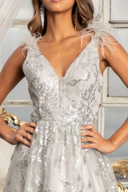 Feather-Shoulder Embellished Glitter A-line Dress w/ Sheer Open V-back