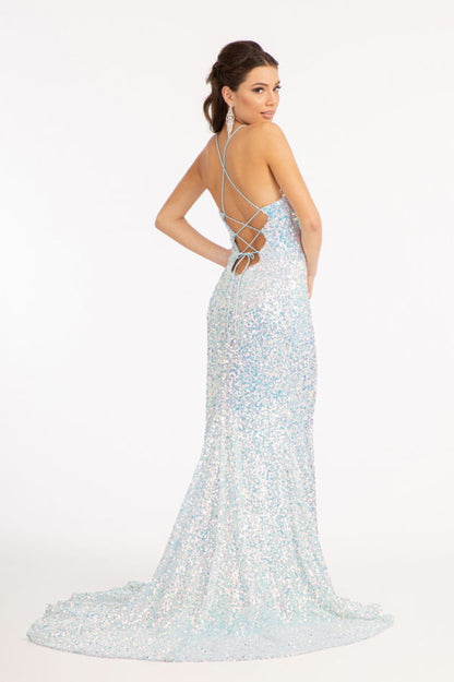 Straight Across Sequin Embellished Mermaid Dress w/ Open Lace-up Back