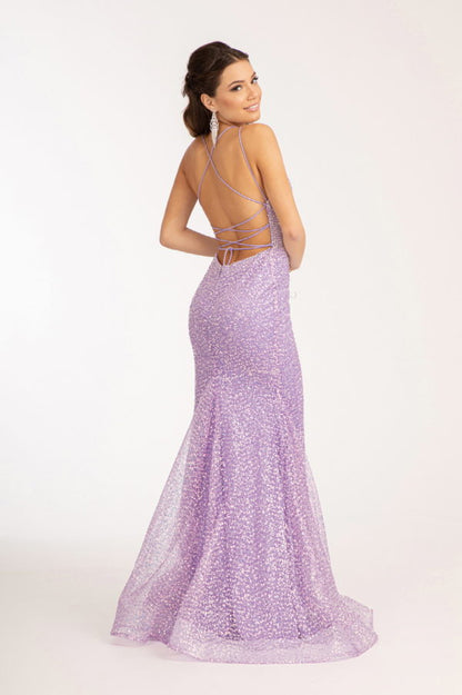 Straight Across Sequin Embellished Mesh Mermaid Dress w/ Slit