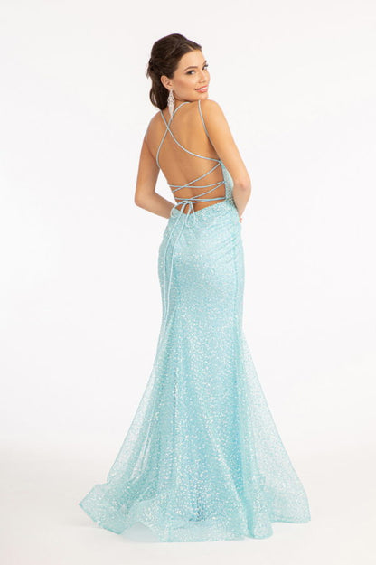 Straight Across Sequin Embellished Mesh Mermaid Dress w/ Slit