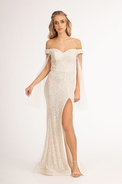 Flower Applique Sequin Mermaid Dress w/ Detached Mesh Cape