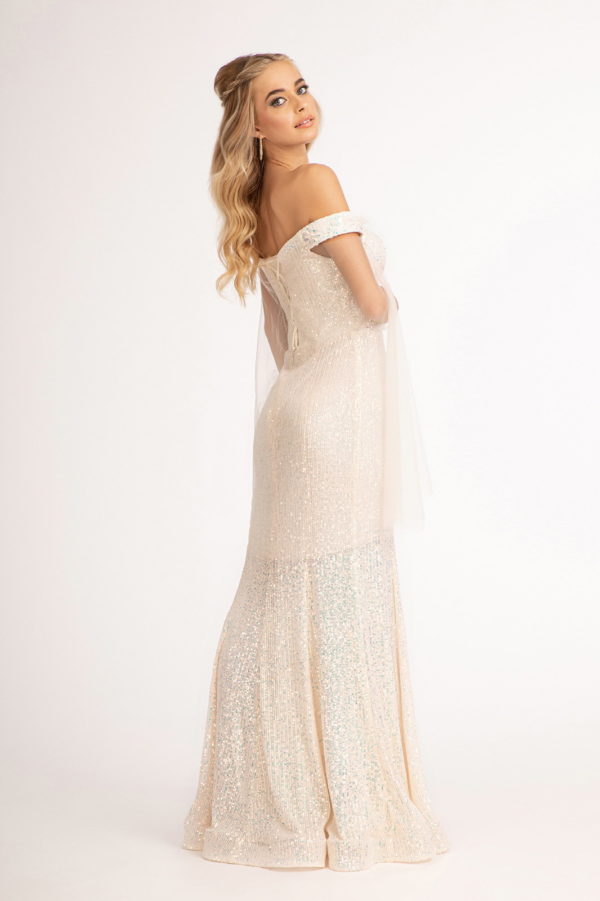 Flower Applique Sequin Mermaid Dress w/ Detached Mesh Cape