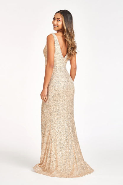 Flower Applique Embroidered Sequin Mermaid Dress w/ Side Slit