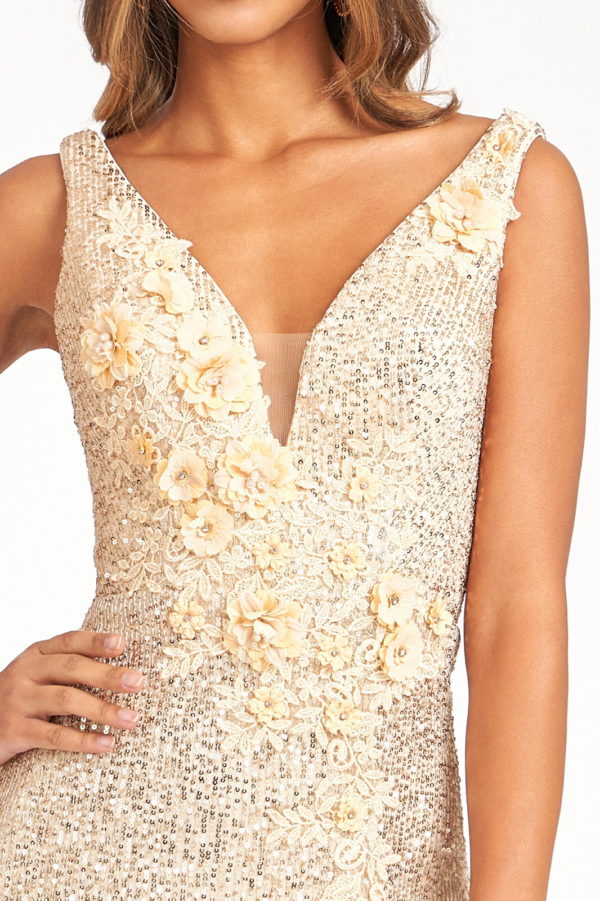 Flower Applique Embroidered Sequin Mermaid Dress w/ Side Slit