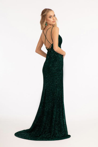 Straight Across Sequin Embellished Mermaid Dress w/ Slit