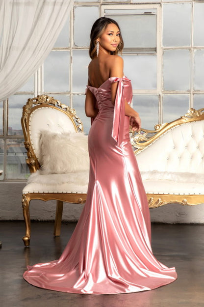 Gathered Bodice Satin Mermaid Dress w/ Straight Across Neckline