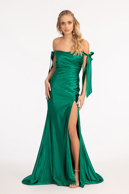 Gathered Bodice Satin Mermaid Dress w/ Straight Across Neckline